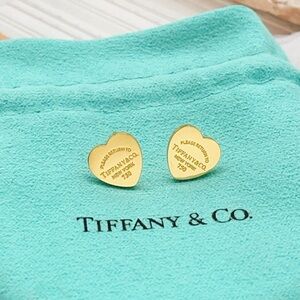 Tiffany & Co. Gold Heart Stud Earrings on Signature Blue Pouch